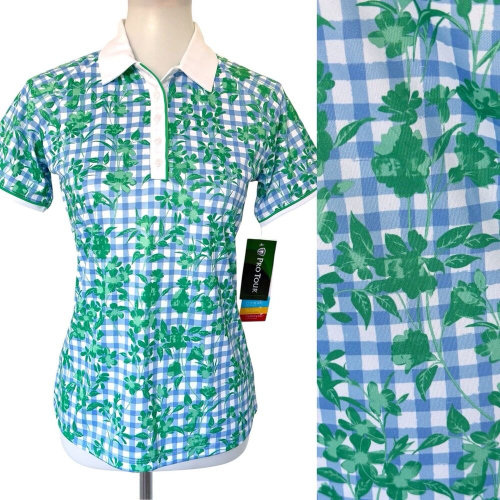 NEW NWT Pro Tour Women's Short Sleeve Gingham Plaid Floral Polo Shirt S Small